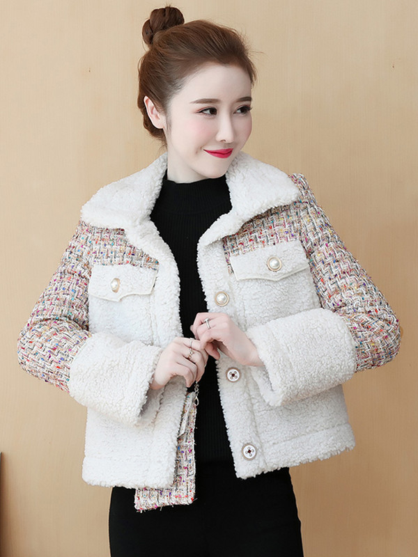 Haina caldă din lână de miel cu parfum mic coreean Jachetă mozaică pentru femei Jachetă scurtă de pluș de buzunar pentru femei.