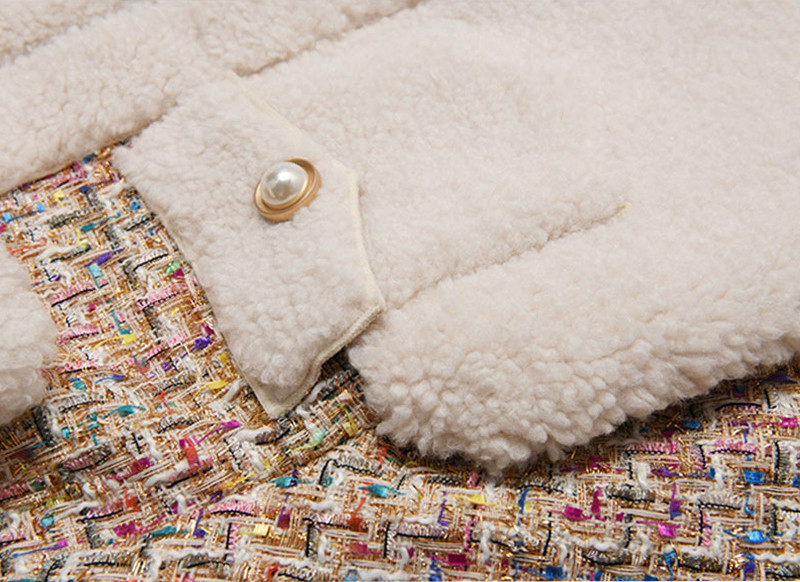 Haina caldă din lână de miel cu parfum mic coreean Jachetă mozaică pentru femei Jachetă scurtă de pluș de buzunar pentru femei.