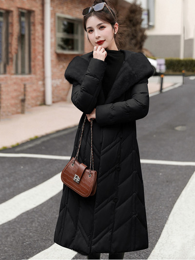 2023 Parka pentru femei, la modă, haină lungă, cu glugă, jachetă pufă de iarnă, guler mare de blană, haină căptușită din bumbac caldă pentru zăpadă.