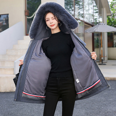 Jachetă caldă de iarnă pentru femei 2023, căptușeală groasă de blană, haină cu glugă pentru femei, jachetă căptușită din bumbac, parka lungă, îmbrăcămintea rezistentă la vânt