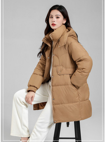 2023 Дамско зимно пухено яке Извънгабаритно палто с памучна подплата Модни парки с качулка с голям джоб Дамско дълго ветроустойчиво връхно облекло