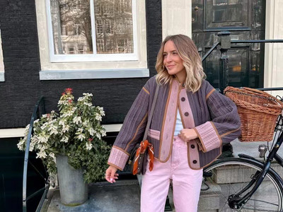 Jachetă cu mânecă lungă cu mozaic de epocă, haină supradimensionată din bumbac căptușită, cardigan de toamnă, îmbrăcăminte de stradă, la modă.