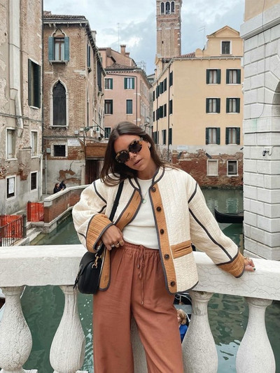 Jachetă cu mânecă lungă cu mozaic de epocă, haină supradimensionată din bumbac căptușită, cardigan de toamnă, îmbrăcăminte de stradă, la modă.