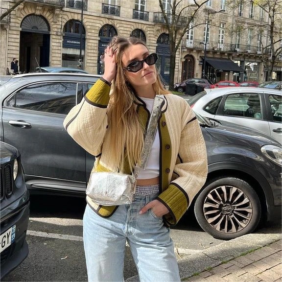 Jachetă cu mânecă lungă cu mozaic de epocă, haină supradimensionată din bumbac căptușită, cardigan de toamnă, îmbrăcăminte de stradă, la modă.