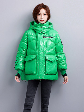 KBAT Зимна лъскава парка с голям джоб Дамско палто Sonw с качулка Модно удебелено свободно яке Дамско ветроустойчиво, дъждоустойчиво топло връхно облекло
