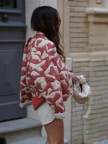 Модни къси памучни палта с геометричен принт за жени Извънгабаритни зимни есенни удебелени топли якета Дамски връхни дрехи от High Street