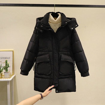 Дамско палто с памучна подплата 2023 г. Модно удебелено зимно дълго яке с качулка Дамско пухено яке Ветроустойчиво топло връхно облекло
