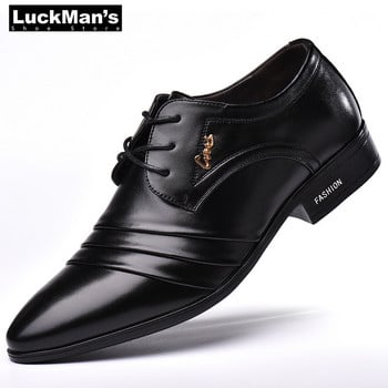 LuckMan Мъжки обувки от PU кожа Модни мъжки бизнес рокли Мокасини Заострени черни обувки Оксфордски дишащи официални сватбени обувки