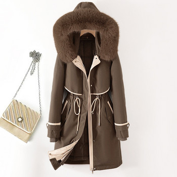 2023 Ново модно дълго зимно палто с шнурове Ветроустойчиво дамско облекло Парки с качулка Голяма кожена яка Топло яке Дамско горно облекло