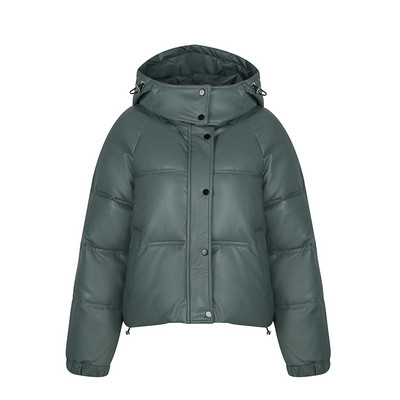 Parka de iarnă Jachetă de damă groasă și caldă la modă pentru femei Mantouri din piele PU neagră femei cu glugă cu fermoar Jachete din piele artificială Topuri