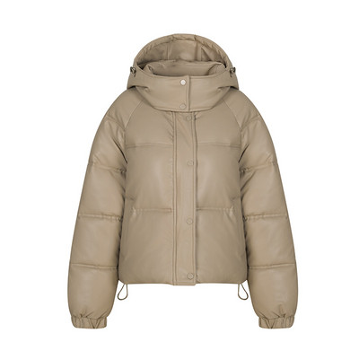 Parka de iarnă Jachetă de damă groasă și caldă la modă pentru femei Mantouri din piele PU neagră femei cu glugă cu fermoar Jachete din piele artificială Topuri