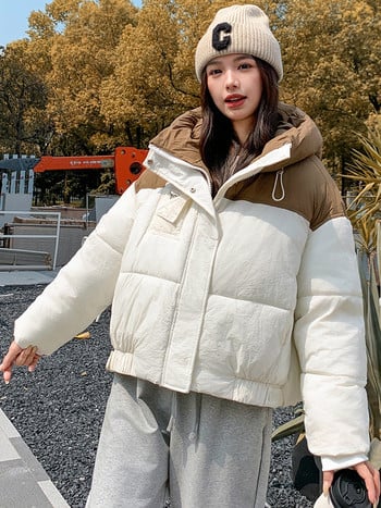 Νέο Puffer Jacket Patchwork Winter Snow Parkas Φερμουάρ Βαμβακερή επένδυση Χοντρό ζεστό παλτό Γυναικεία Ρούχα μεγάλη τσέπη Εξωτερικά ενδύματα με κουκούλα