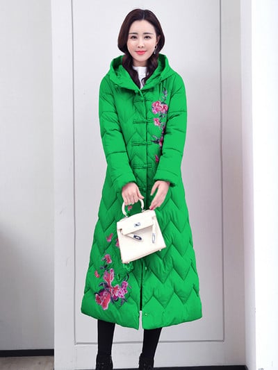 2023-as téli női kabát, hosszú hókabát, hímzés, női pehely, pamut, párnázott kapucnis kabát, meleg dzsekik, szélálló kabát