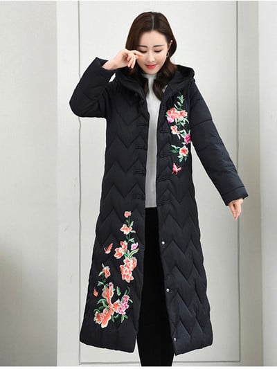 2023-as téli női kabát, hosszú hókabát, hímzés, női pehely, pamut, párnázott kapucnis kabát, meleg dzsekik, szélálló kabát