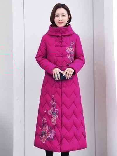 2023-as téli női kabát, hosszú hókabát, hímzés, női pehely, pamut, párnázott kapucnis kabát, meleg dzsekik, szélálló kabát