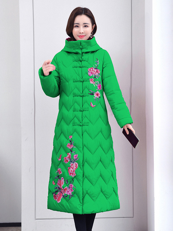 2023-as téli női kabát, hosszú hókabát, hímzés, női pehely, pamut, párnázott kapucnis kabát, meleg dzsekik, szélálló kabát