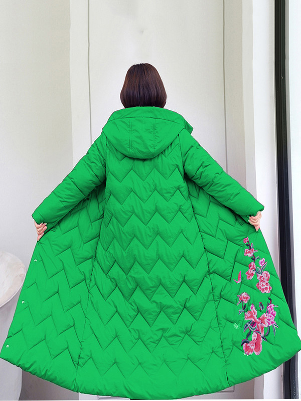 2023-as téli női kabát, hosszú hókabát, hímzés, női pehely, pamut, párnázott kapucnis kabát, meleg dzsekik, szélálló kabát