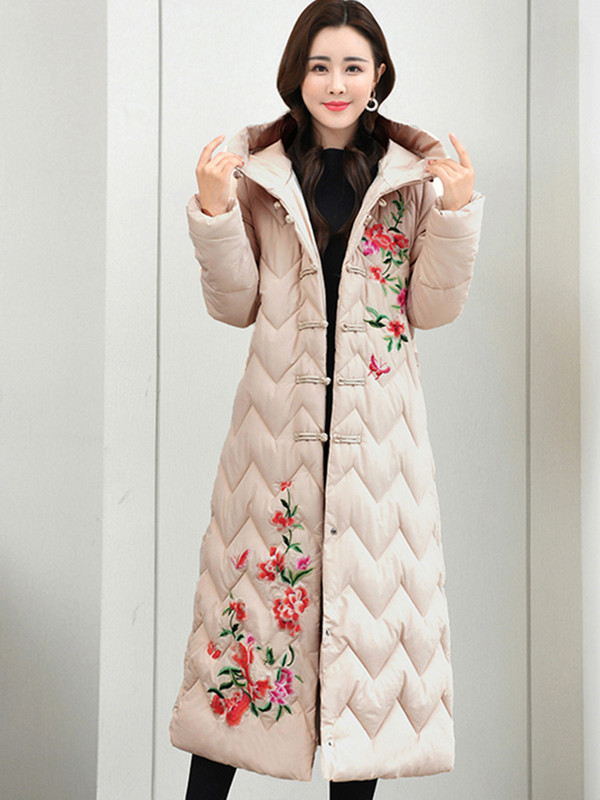 2023-as téli női kabát, hosszú hókabát, hímzés, női pehely, pamut, párnázott kapucnis kabát, meleg dzsekik, szélálló kabát