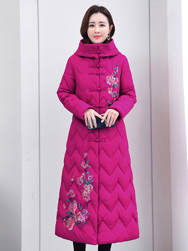 2023-as téli női kabát, hosszú hókabát, hímzés, női pehely, pamut, párnázott kapucnis kabát, meleg dzsekik, szélálló kabát