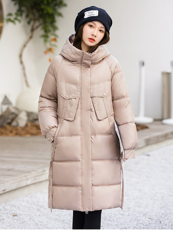 2023. Zimski dugi kaputi Ženske jednobojne pufer jakne s kapuljačom Veliki džepovi Podstavljeni pamukom Ležerna topla jakna Ženska gornja odjeća otporna na vjetar