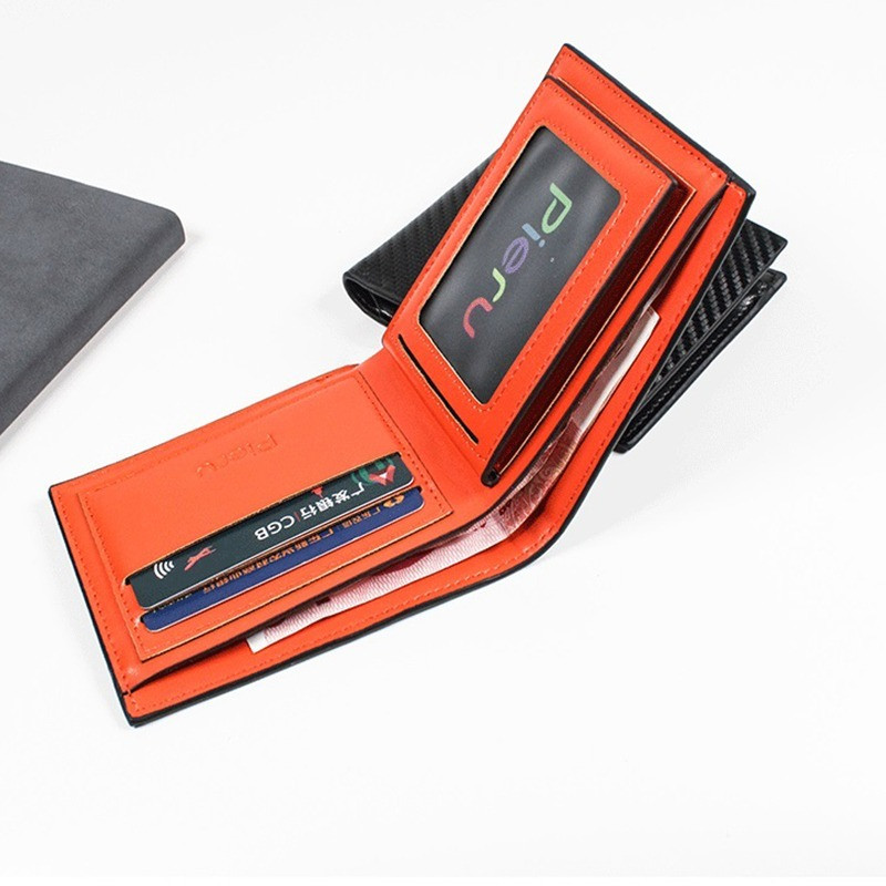 Portofel bărbați din piele din fibră de carbon Buzunar pentru monede Suport card de credit RFID Portofel minimalist din piele cu două orificii Portofel inteligent Poșetă neagră