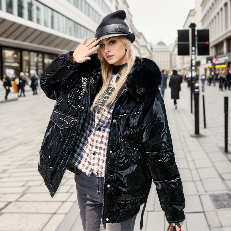 2023 m. madinga stora žiemos didelė apykakle su gobtuvu parkas Blizgi striukė sniego paltai, moteriški vėjui atsparūs lietaus šilti viršutiniai drabužiai