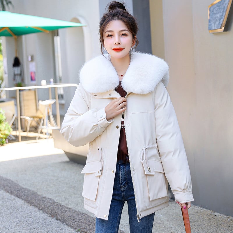 2023 m. Nauja žieminė striukė Parkas Moteriškas paltas Kailinė apykakle Viršpaltis Moteriška striukė Stora šilta medvilninė paminkštinta pūkuota parko apatinė apranga