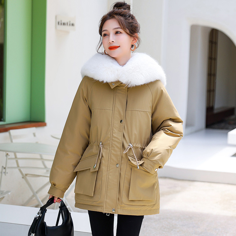 2023 m. Nauja žieminė striukė Parkas Moteriškas paltas Kailinė apykakle Viršpaltis Moteriška striukė Stora šilta medvilninė paminkštinta pūkuota parko apatinė apranga