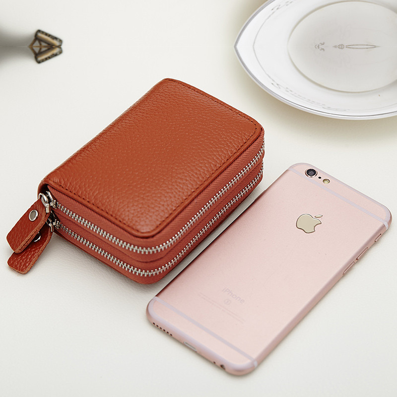 Mini kratki novčanik od kože za muškarce i žene, torbica za novčiće od kože, čvrsti držač kartica, utori za kartice s harmonikom, džep s dvostrukim patentnim zatvaračem