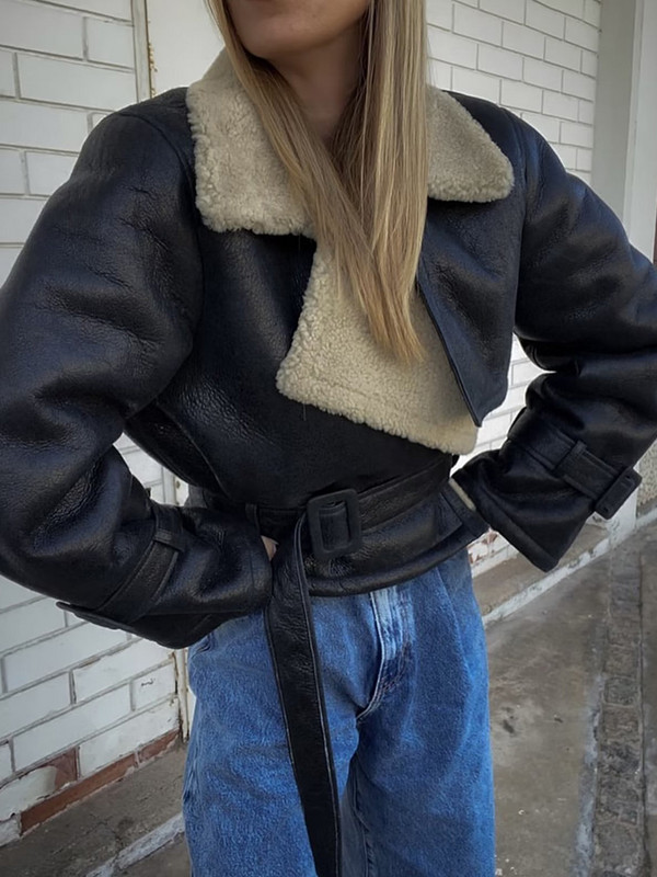 2023. Zimski ženski kaput od janjeće vune Patchwork jakna od umjetne kože Ženski starinski s remenom, topli jesenski zimski kaput