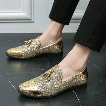 Мъжки сватбени пискюли Кожени ежедневни обувки Луксозни дизайнерски остри златни мокасини с пайети Маркова рокля Вечерни обувки Zapatos Hombre