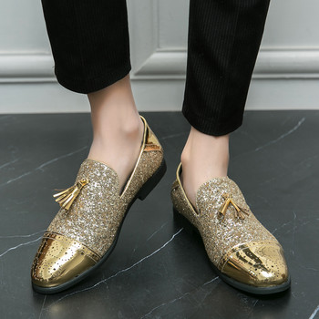 Мъжки сватбени пискюли Кожени ежедневни обувки Луксозни дизайнерски остри златни мокасини с пайети Маркова рокля Вечерни обувки Zapatos Hombre