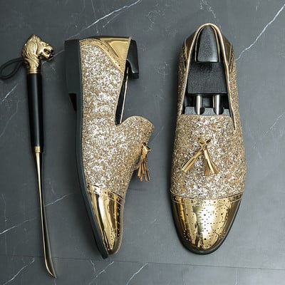 Vyriški vestuviniai kutai Odiniai laisvalaikio batai Prabangūs dizainerio smaili auksiniai blizgučiai Loafers Firminė suknelė Vakarinė avalynė Zapatos Hombre