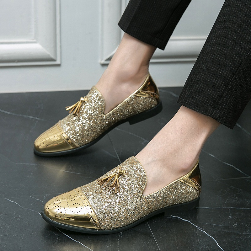 Vyriški vestuviniai kutai Odiniai laisvalaikio batai Prabangūs dizainerio smaili auksiniai blizgučiai Loafers Firminė suknelė Vakarinė avalynė Zapatos Hombre