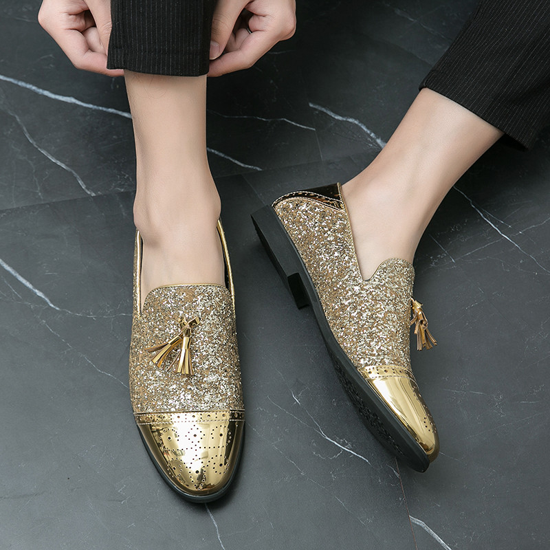 Vyriški vestuviniai kutai Odiniai laisvalaikio batai Prabangūs dizainerio smaili auksiniai blizgučiai Loafers Firminė suknelė Vakarinė avalynė Zapatos Hombre