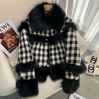 KBAT Jachetă de iarnă vintage din tweed pentru femei Jachetă mozaică cu parfum mic pentru femeie, haină coreeană din carouri de lână, îmbrăcăminte scurtă elegantă