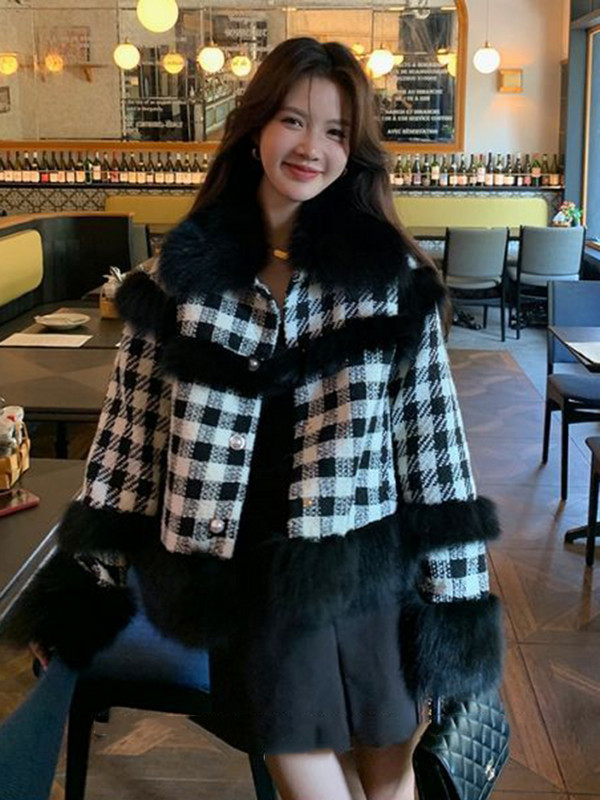 KBAT Jachetă de iarnă vintage din tweed pentru femei Jachetă mozaică cu parfum mic pentru femeie, haină coreeană din carouri de lână, îmbrăcăminte scurtă elegantă