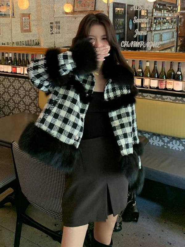 KBAT Jachetă de iarnă vintage din tweed pentru femei Jachetă mozaică cu parfum mic pentru femeie, haină coreeană din carouri de lână, îmbrăcăminte scurtă elegantă