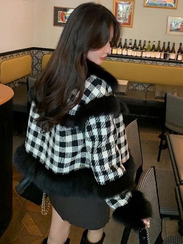 KBAT Jachetă de iarnă vintage din tweed pentru femei Jachetă mozaică cu parfum mic pentru femeie, haină coreeană din carouri de lână, îmbrăcăminte scurtă elegantă