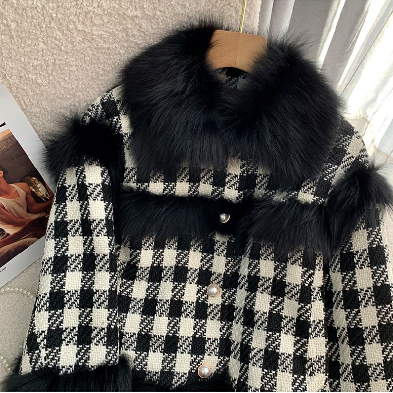 KBAT Jachetă de iarnă vintage din tweed pentru femei Jachetă mozaică cu parfum mic pentru femeie, haină coreeană din carouri de lână, îmbrăcăminte scurtă elegantă