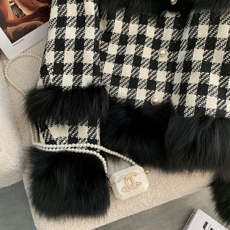 KBAT Jachetă de iarnă vintage din tweed pentru femei Jachetă mozaică cu parfum mic pentru femeie, haină coreeană din carouri de lână, îmbrăcăminte scurtă elegantă