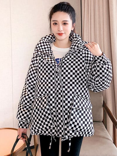Jachetă de iarnă pentru femei 2023, parka groasă, cu puf, cu glugă, parkas în carouri, jachetă puf pentru femei, haină ocazională caldă ultra ușoară