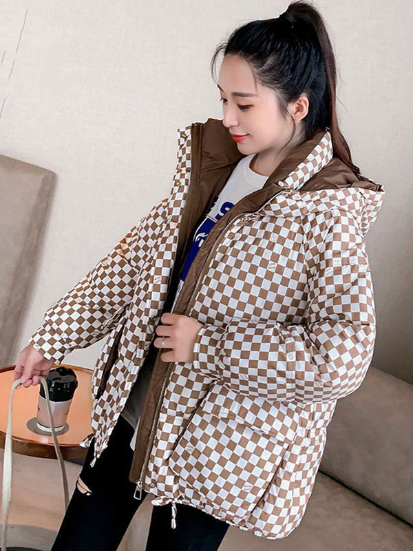 Jachetă de iarnă pentru femei 2023, parka groasă, cu puf, cu glugă, parkas în carouri, jachetă puf pentru femei, haină ocazională caldă ultra ușoară