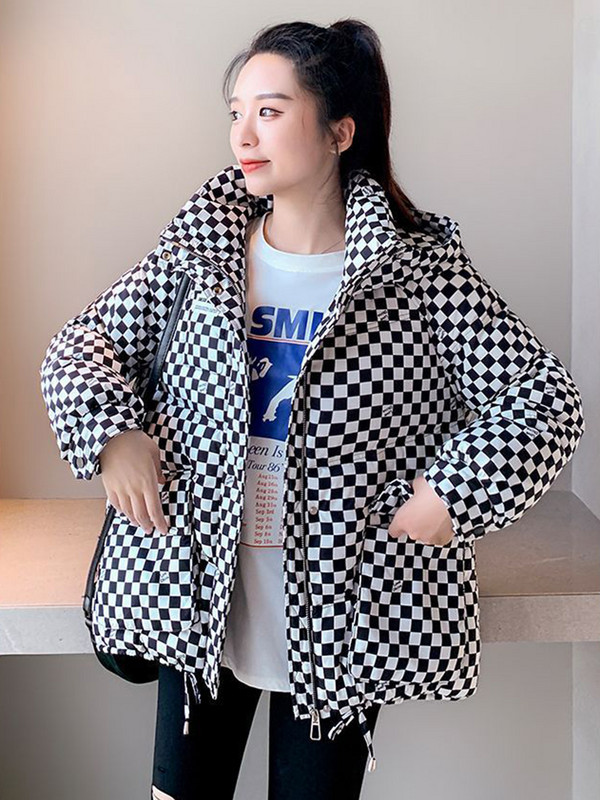 Jachetă de iarnă pentru femei 2023, parka groasă, cu puf, cu glugă, parkas în carouri, jachetă puf pentru femei, haină ocazională caldă ultra ușoară