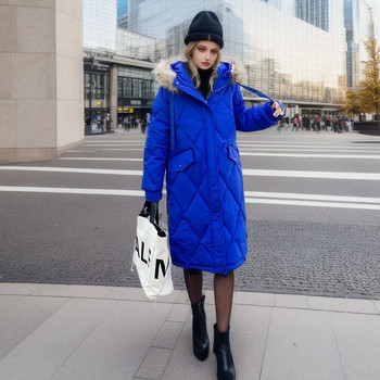 Дълга парка Снежно палто с голяма кожена яка Дамско модно удебелено зимно яке с качулка 2023 г. Дамско ветроустойчиво топло връхно облекло