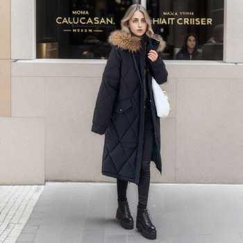 Дълга парка Снежно палто с голяма кожена яка Дамско модно удебелено зимно яке с качулка 2023 г. Дамско ветроустойчиво топло връхно облекло
