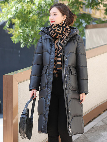 2023 Модно удебелено зимно свободно дълго яке с памучна подплата Гланцово палто Дамско женско ветроустойчиво топло връхно облекло