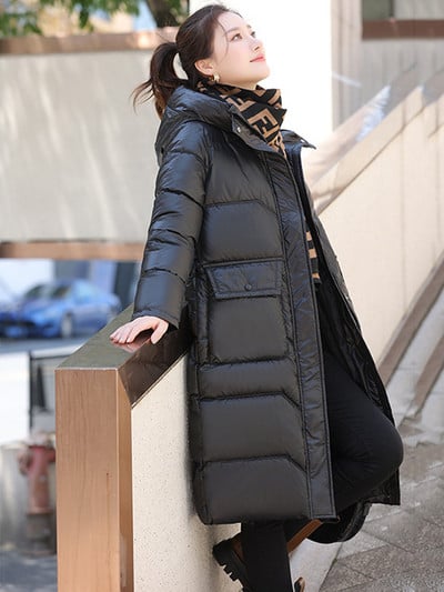 2023 Moda îngroșă iarna cu glugă, jachetă lungă, parka căptușită din bumbac, haină lucioasă, pentru femei, rezistentă la vânt, îmbrăcăminte caldă