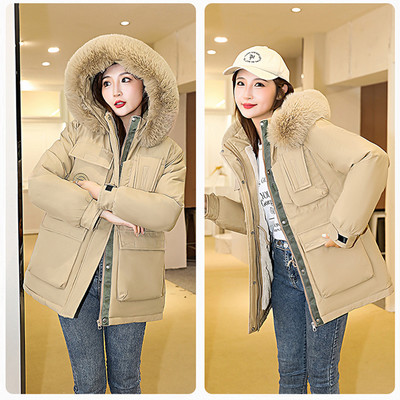 Nova zimska ženska pamučno podstavljena jakna iz 2023., ležerna jakna s velikim krznenim ovratnikom i kapuljačom, kaput s krznenom podstavom od krzna Ženska topla odjeća otporna na vjetar