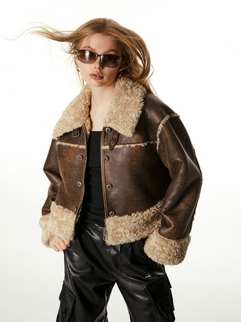 Зимно дамско улично облекло от изкуствена агнешка кожа, късо яке, късо мото велосипедистко дебело топло палто от овча кожа, връхни дрехи, шикозни топове